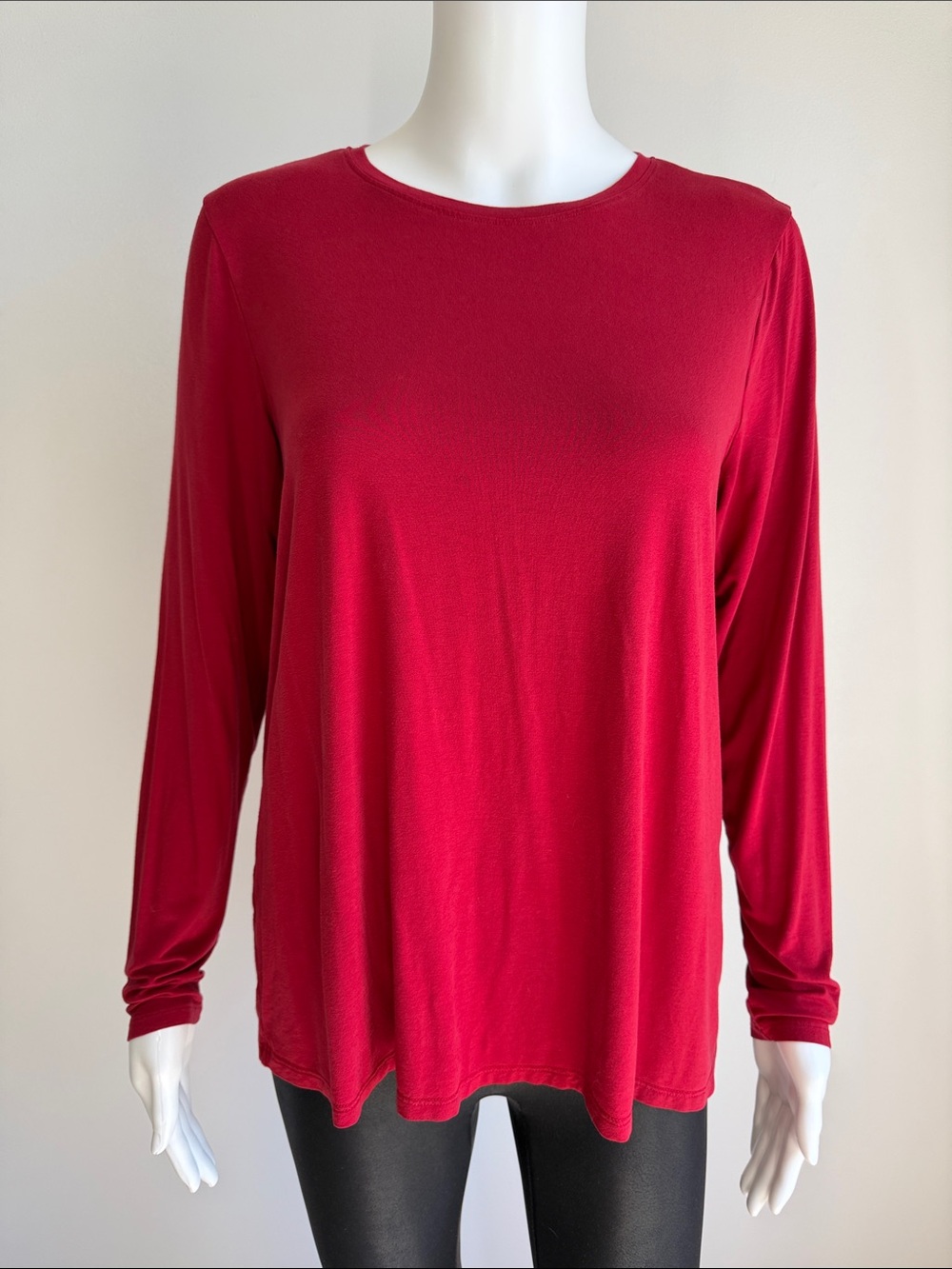 Eileen Fisher Red Viscose Jersey Long Sleeve Crew Neck Top S